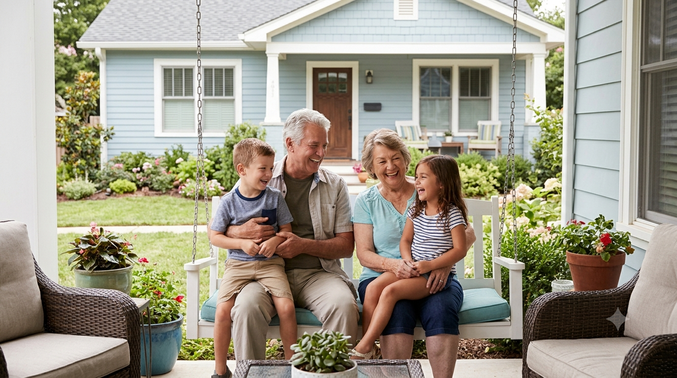A retired couple laughing with their two grandchildren on the front porch of their home.