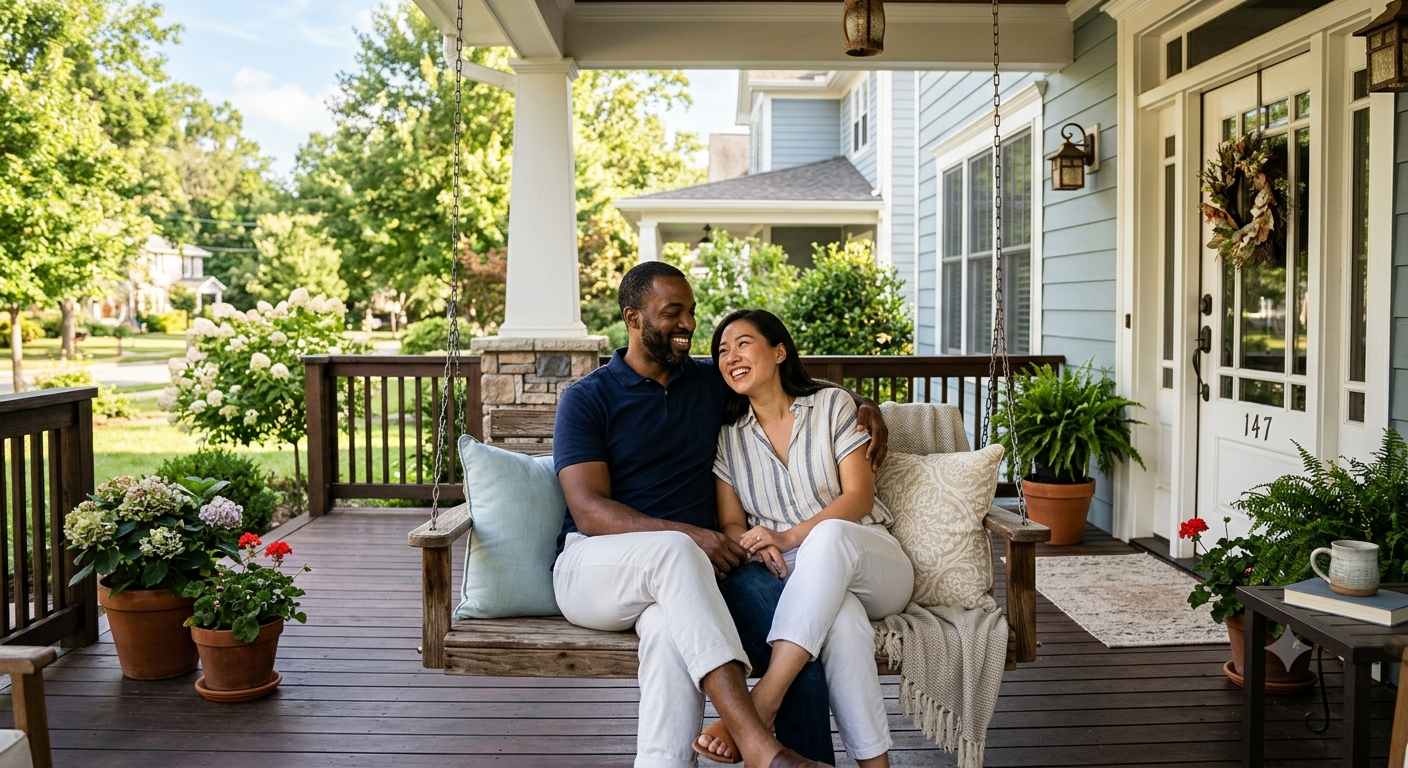 A couple sitting close on a front-porch swing outside their home.