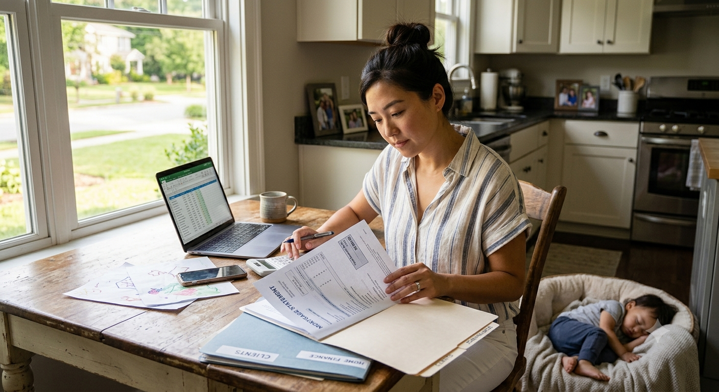 A working parent reviewing a mortgage statement at the kitchen table while their baby sleeps nearby.